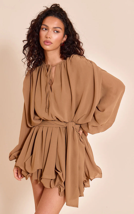 Chocolate Floaty Tie Detail Long Sleeve Shift Dress