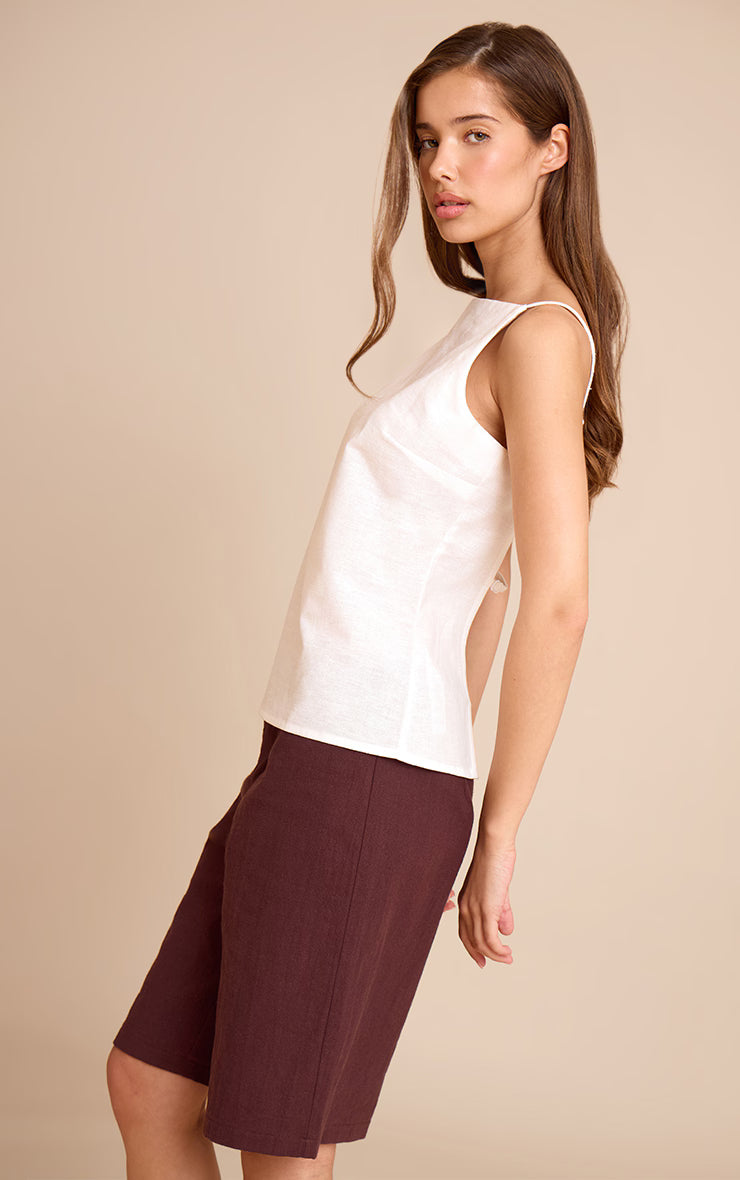 White Linen Blend Back Detail Long Cami Top