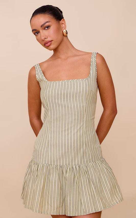 Sage Green Striped Sleeveless Straight Neck Shift Dress