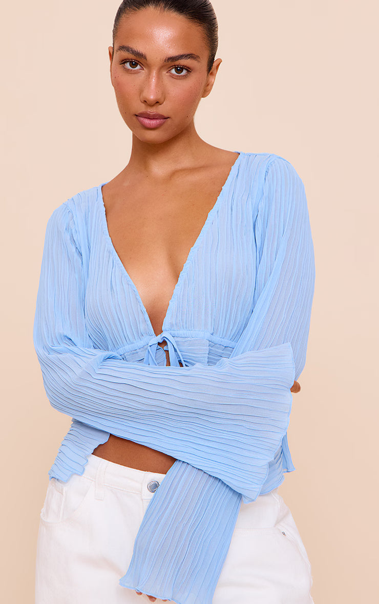 Sky Blue Sheer Plisse Tie Front Flute Sleeve Blouse