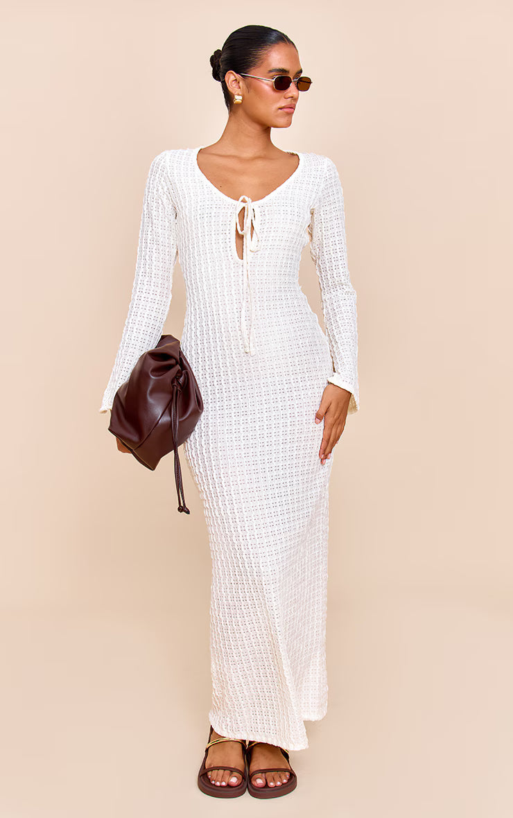 Cream Textured Keyhole Tie Detail Long Sleeve Bodycon Dress