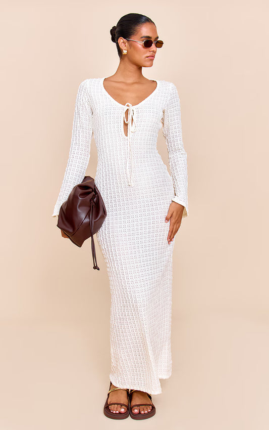 Cream Textured Keyhole Tie Detail Long Sleeve Bodycon Dress
