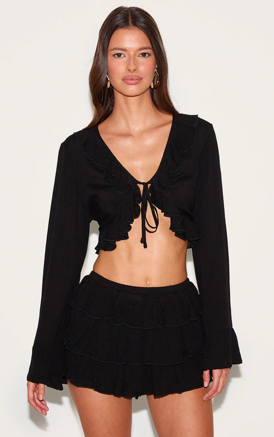 Black Cheesecloth Ruffle Mini Skort