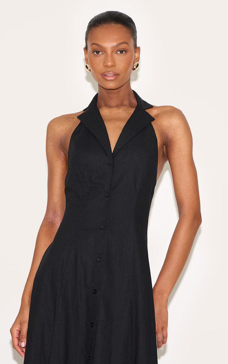 Black Button Down Collar Detail Maxi Dress
