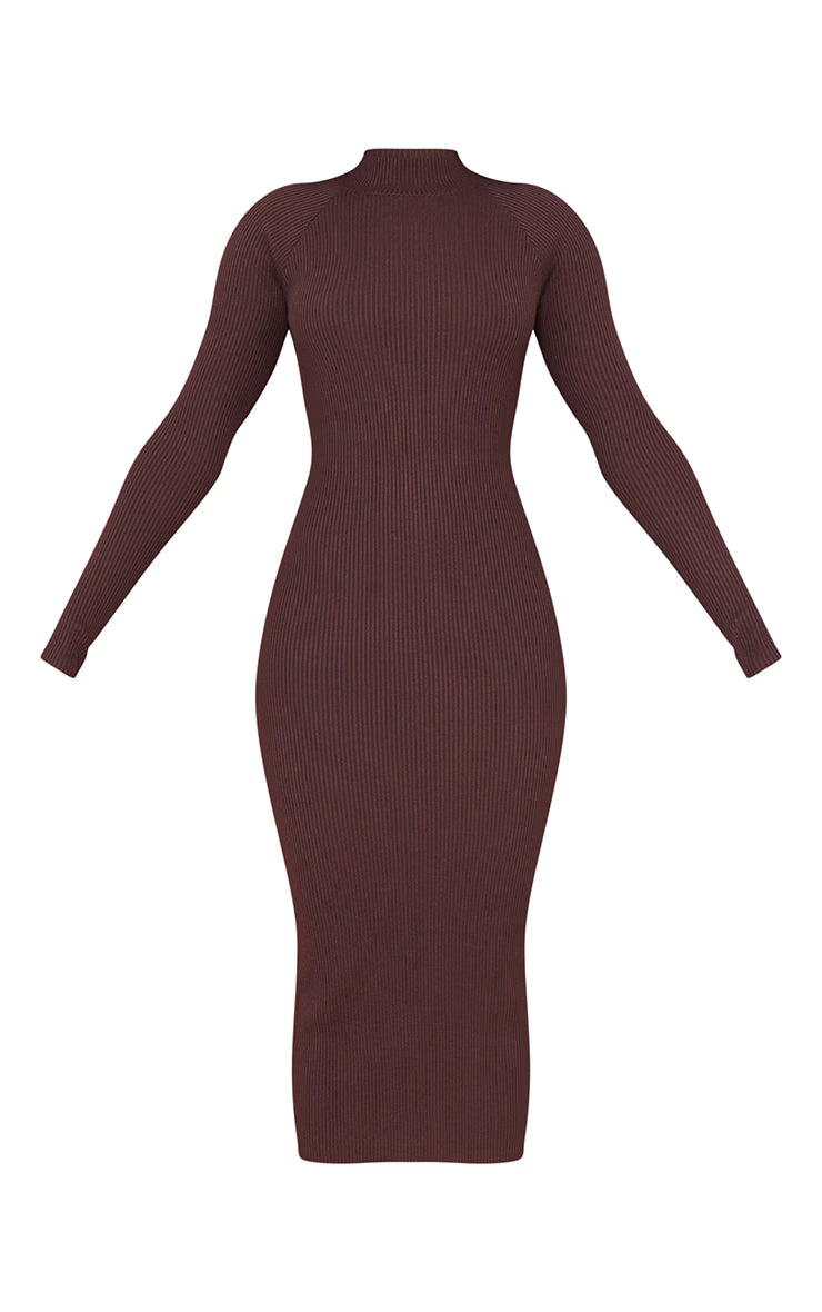 Chocolate Turtle Neck Knitted Bodycon Maxi Dress
