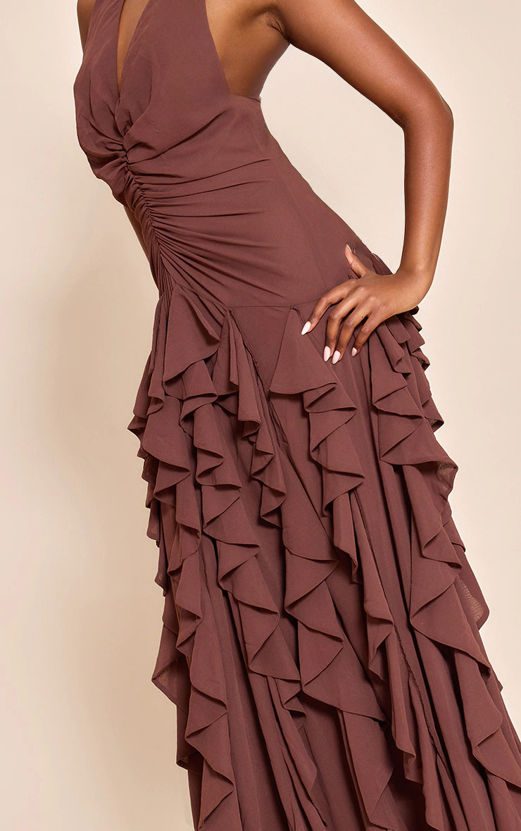 Chocolate Plunge Ruched Frill Detail Maxi Dress