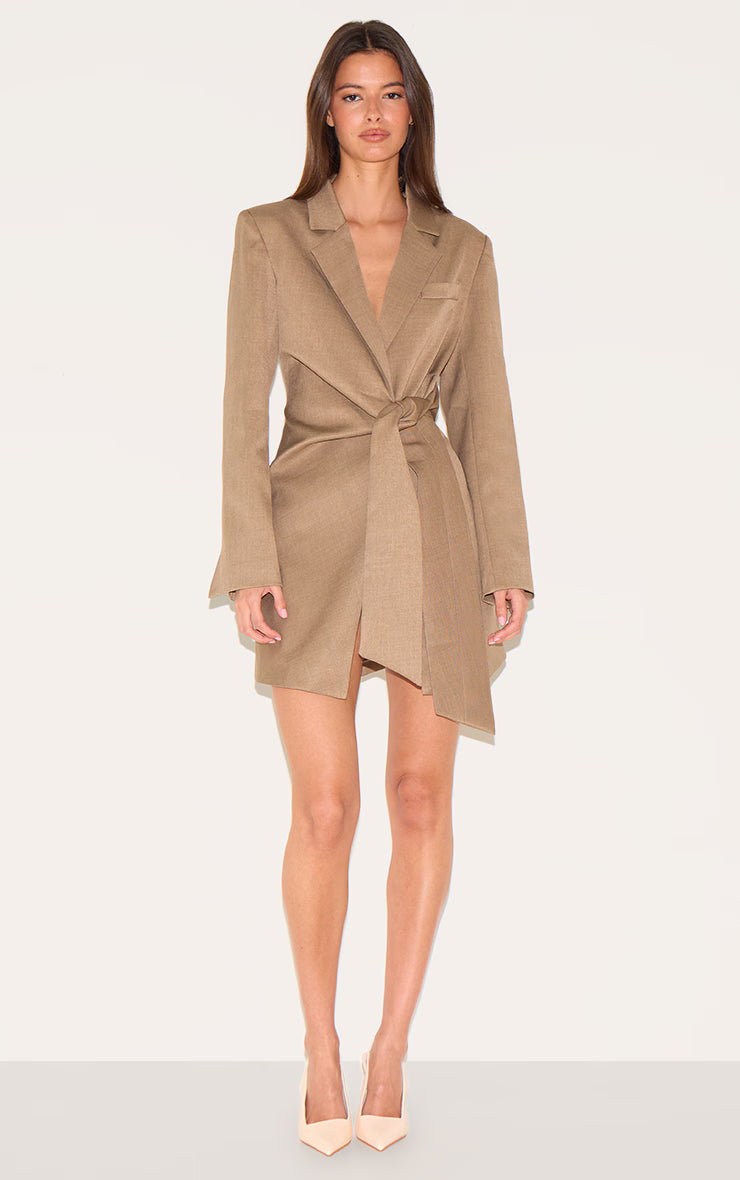 Mushroom Woven Blazer Side Tie Mini Dress