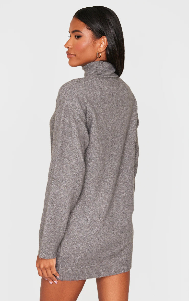 Charcoal Soft Knit Roll Neck Oversized Seam Detail Sweater Dress