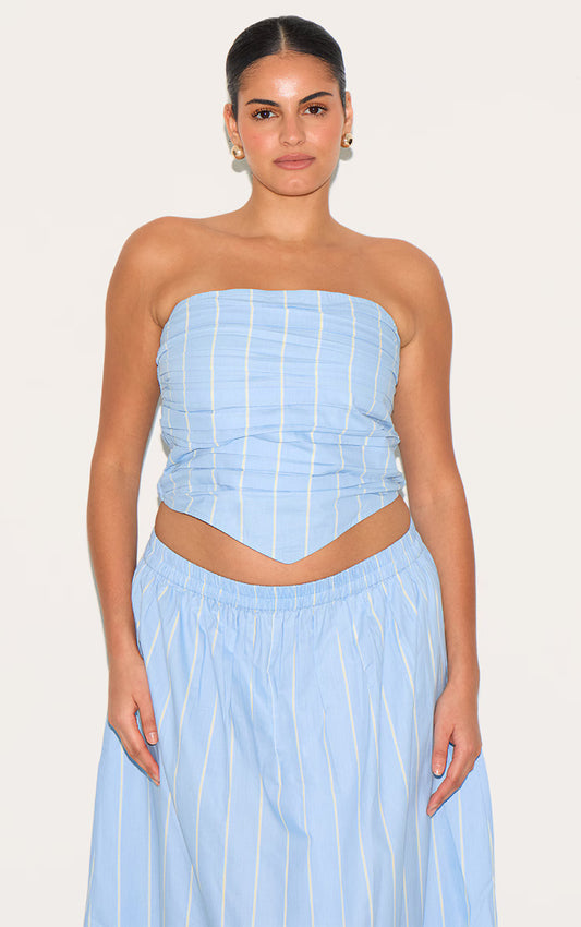 Plus Blue Cotton Poplin Bandeau Ruched Front Top