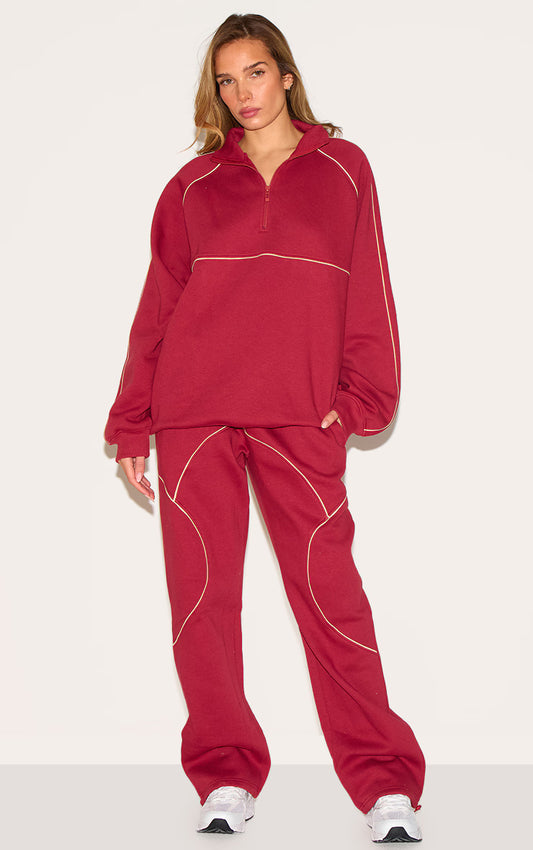 Red Oversized Contrast Piping Straight Leg Sweatpants