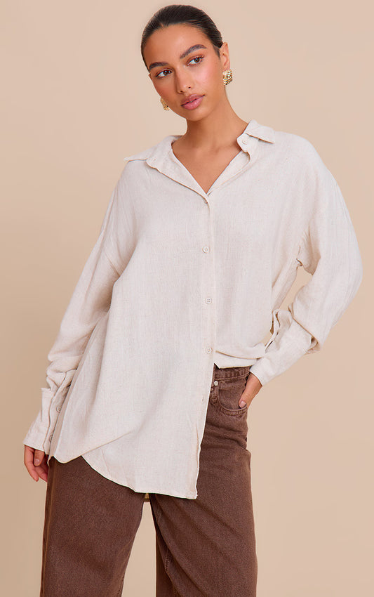 Beige Linen Look Boxy Oversized Shirt