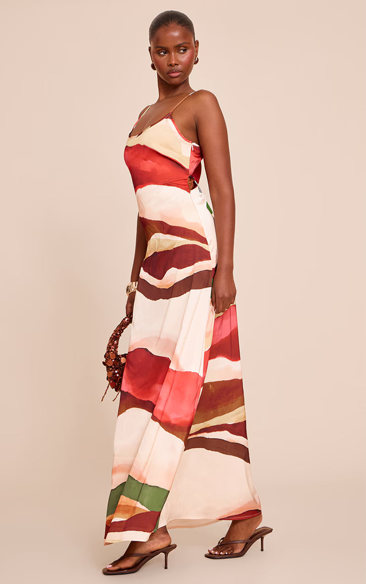 Cream Abstract Satin Scoop Neck Spaghetti Strap Maxi Dress