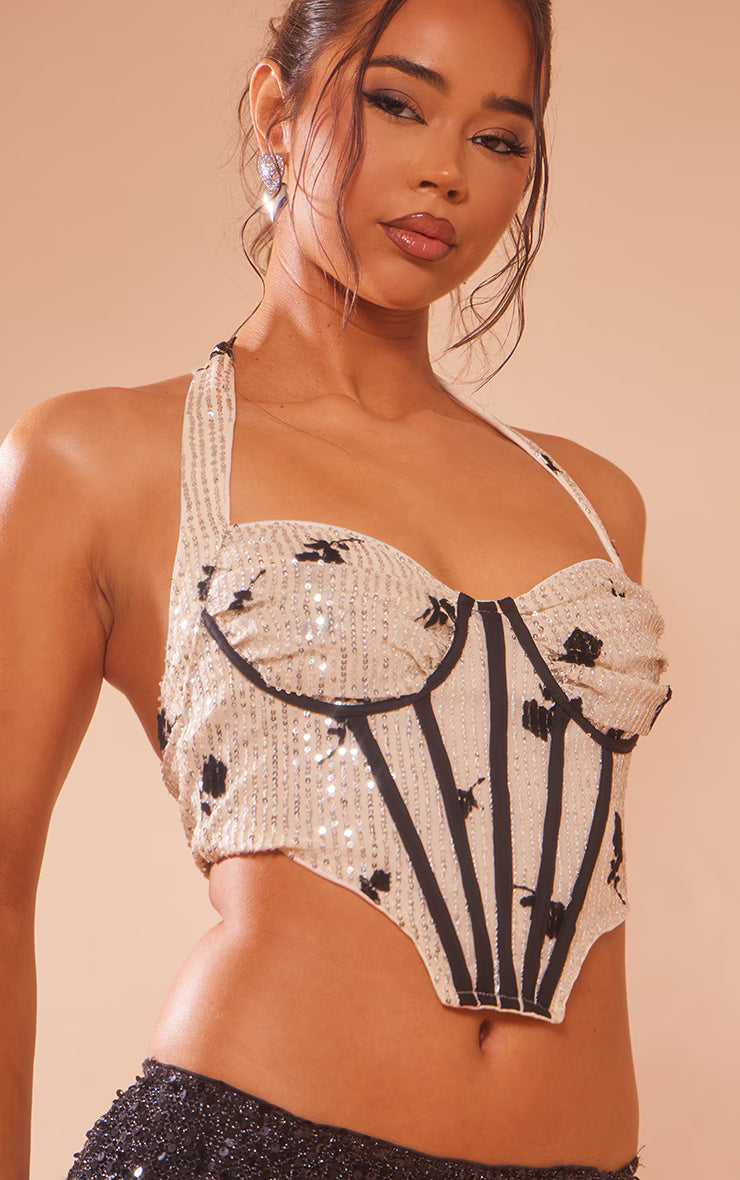 Nude Floral Detail Sequin Halter Bonded Ruched Bust Corset