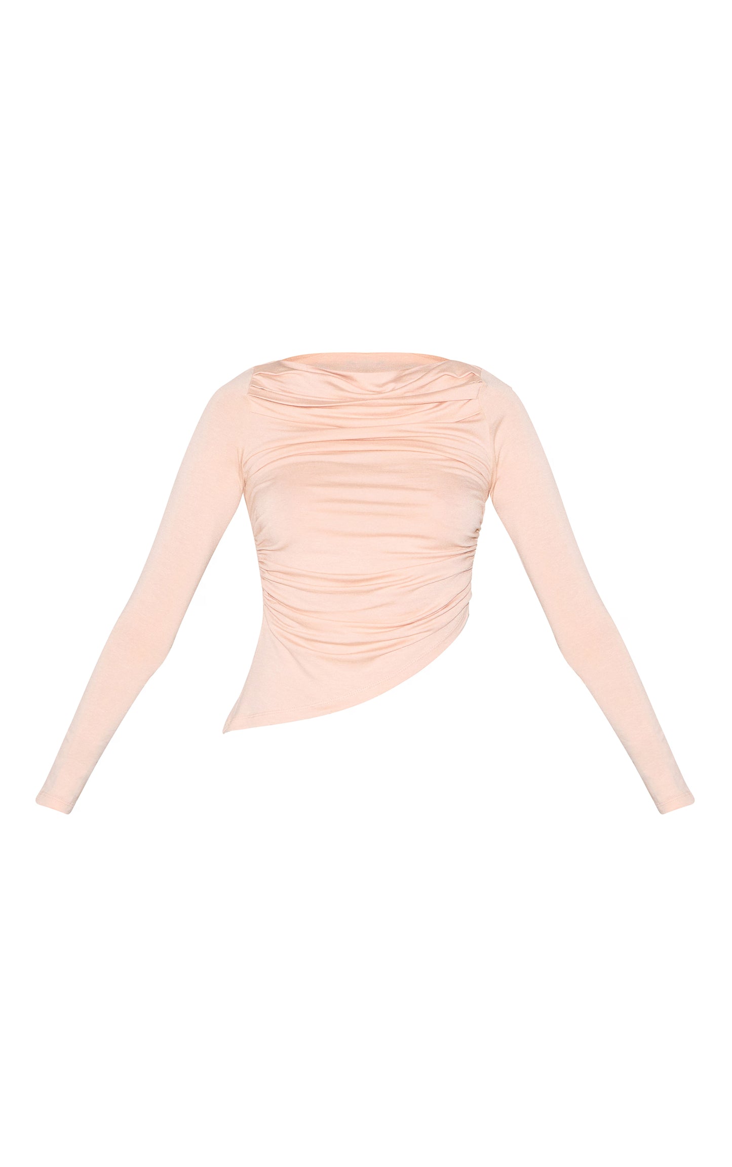 Cream Ruched Detail Asymmetric Hem Long Sleeve Top