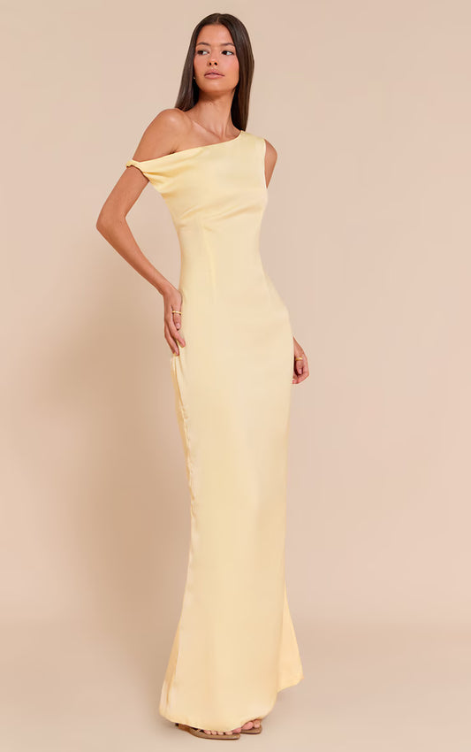 Lemon Satin Asymmetric Bardot Twist Maxi Dress