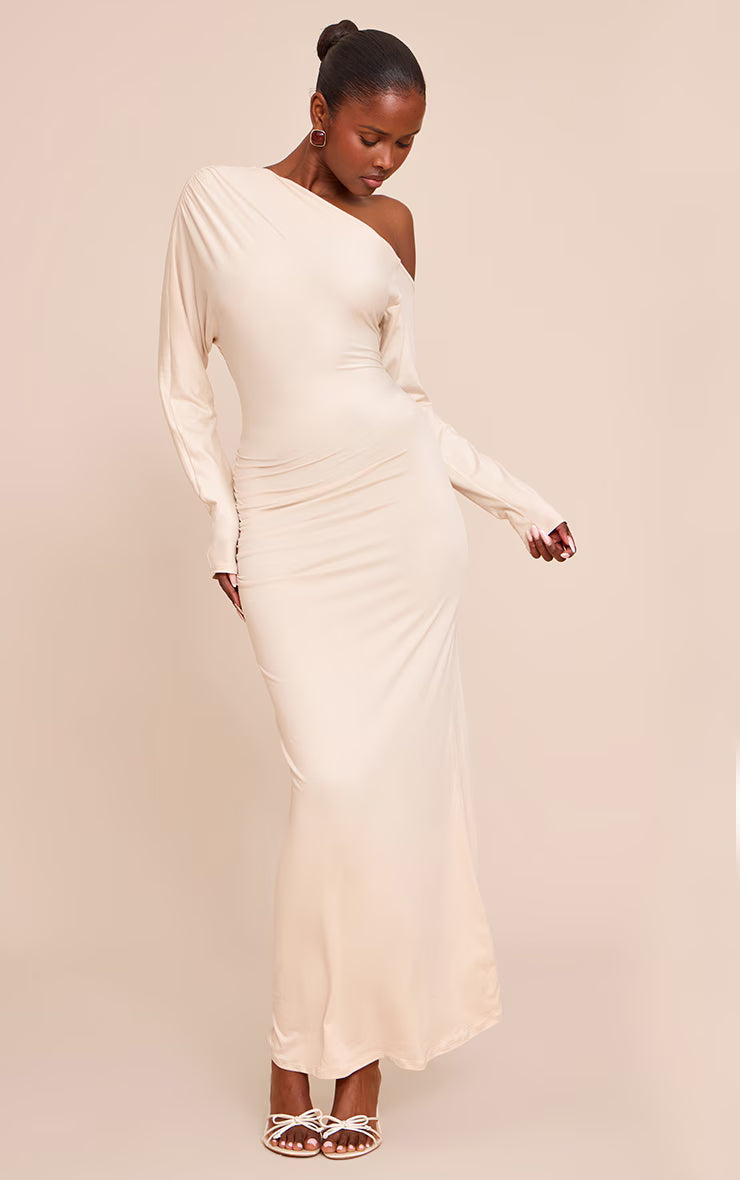 Almond Soft Touch One Shoulder Long Sleeve Maxi Dress