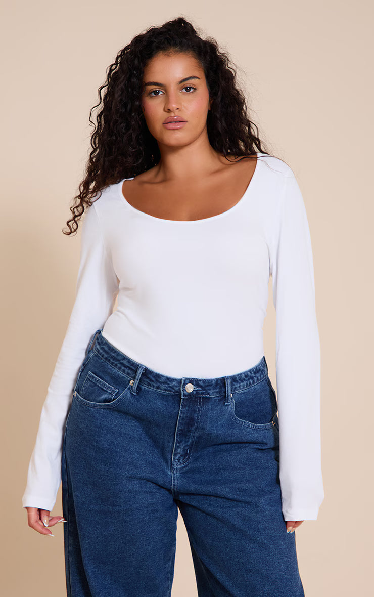 Plus White Soft Cotton Scoop Neck Long Sleeve Bodysuit