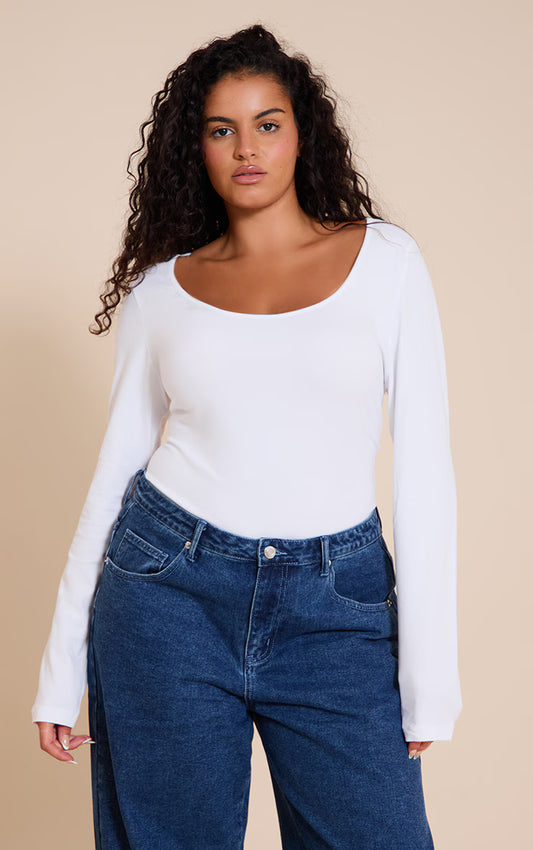 Plus White Soft Cotton Scoop Neck Long Sleeve Bodysuit