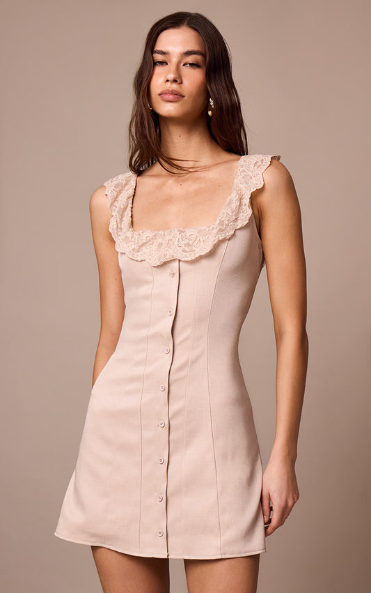 Warm Beige Lace Button Up Trim Corset A-line Dress