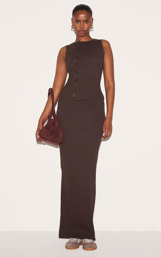 Chocolate Ribbed Maxi Mid Rise Skirt