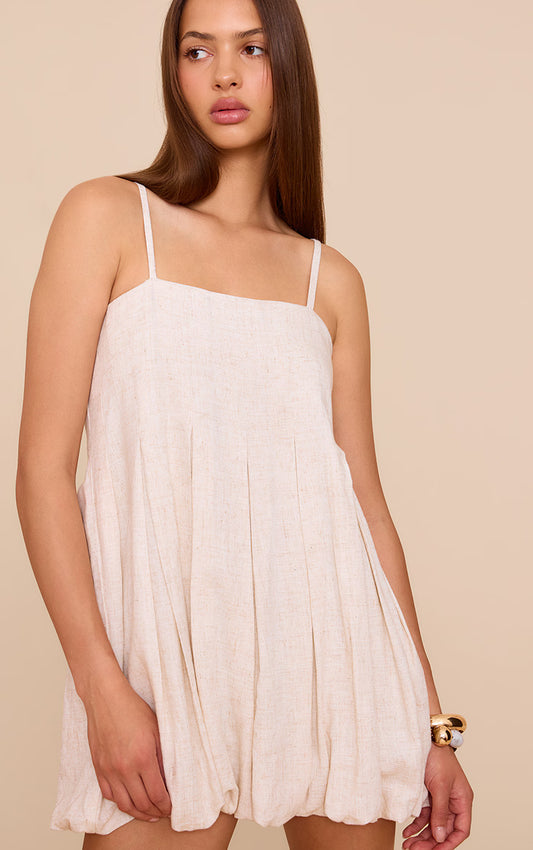 Natural Textured Woven Pleated Mini Dress
