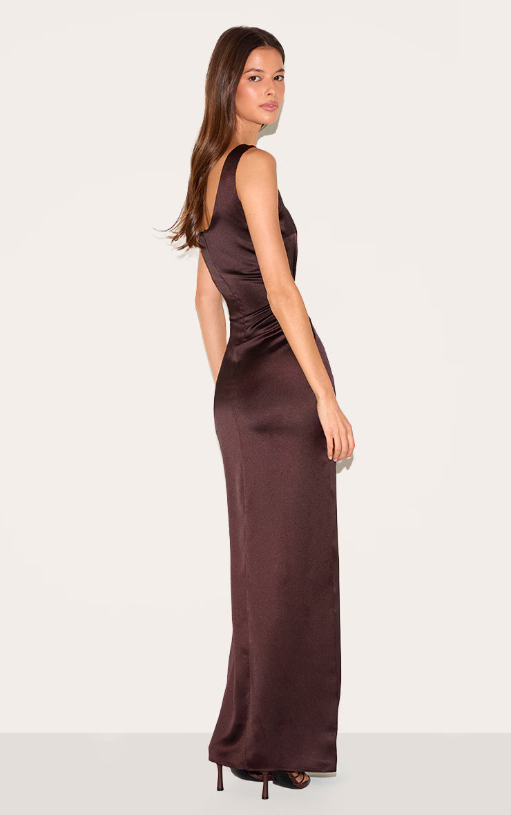 Chocolate Satin Scoop Neck Maxi Dress