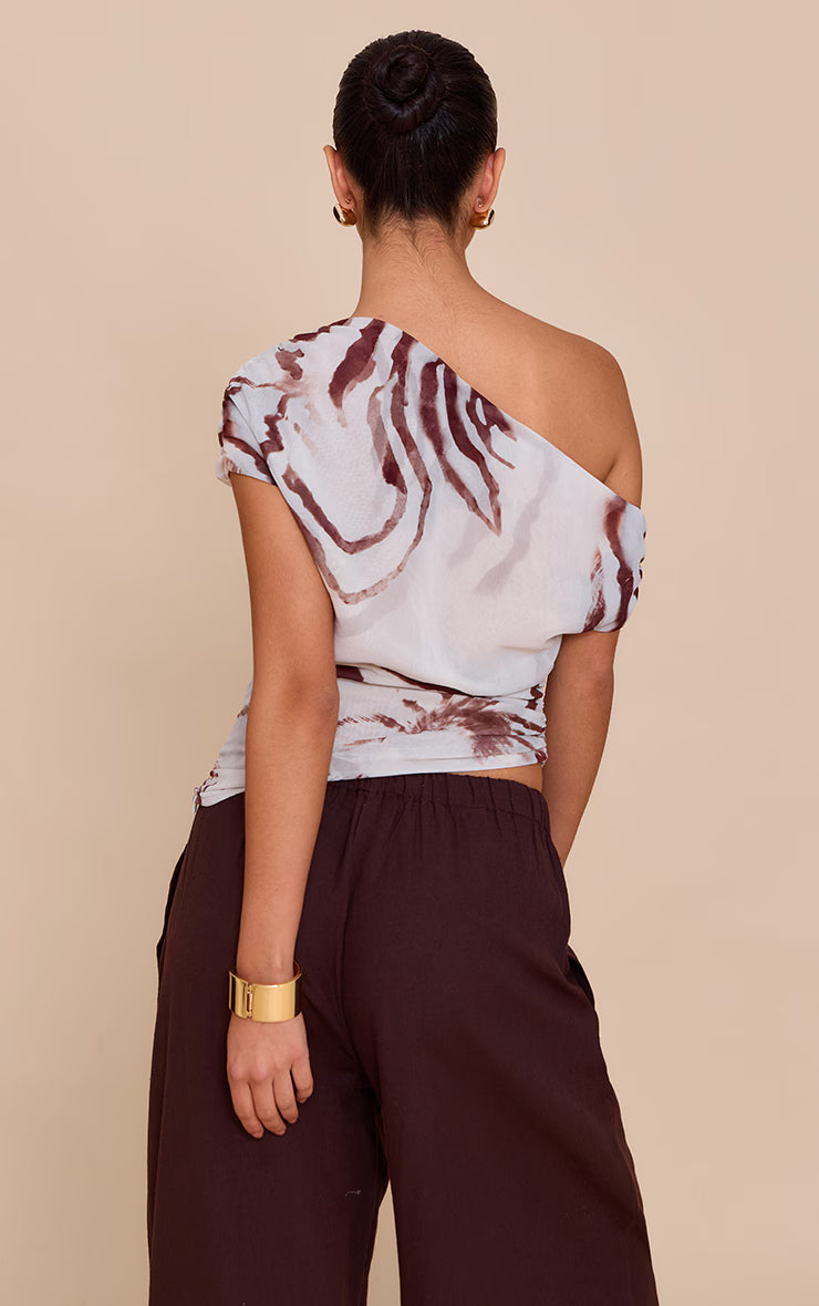Pale Blue Abstract Shell Printed Chiffon Asymmetric Drape Long Top