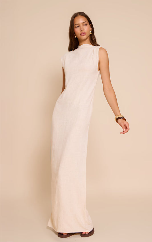 Natural Linen Look Sleeveless Drape Neck Detail Maxi Dress