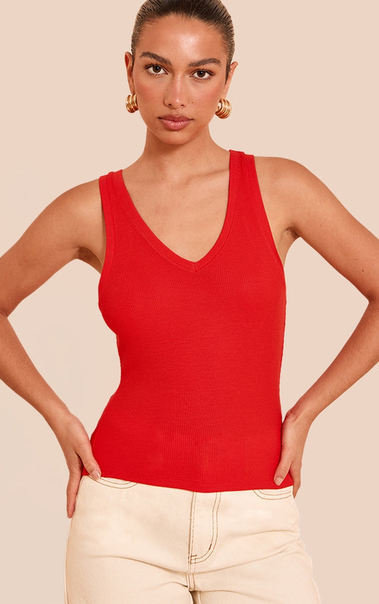 Tomato Red Soft Rib V Neck Vest Top