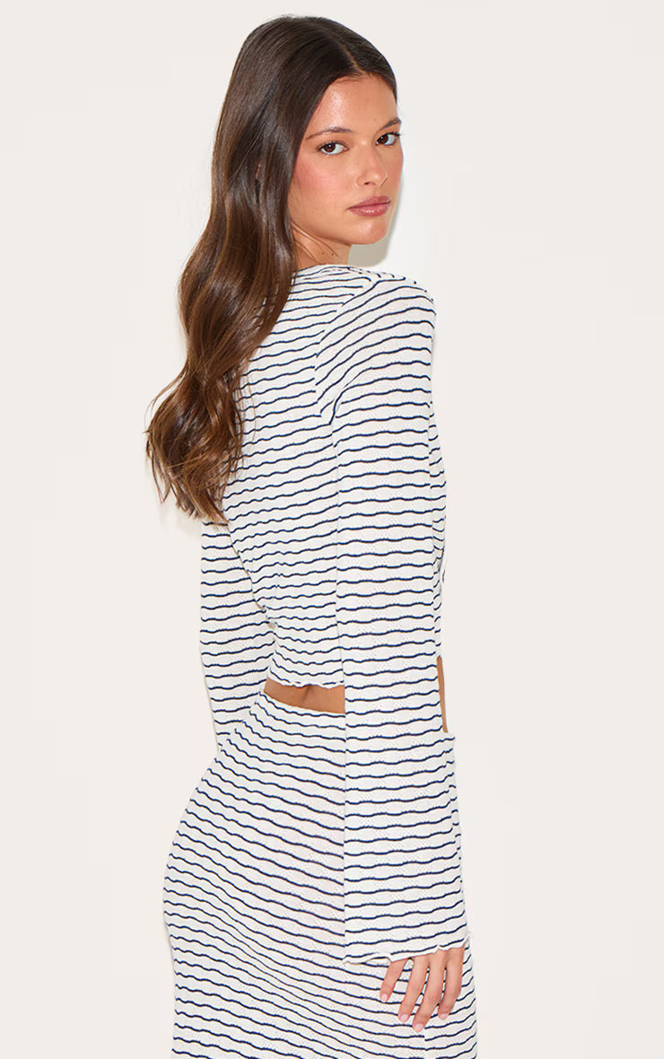 Navy Textured Striped Button Cardigan