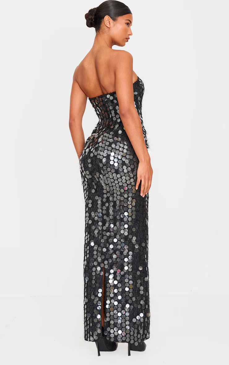 Black Textured Disk Sequin Maxi Dress