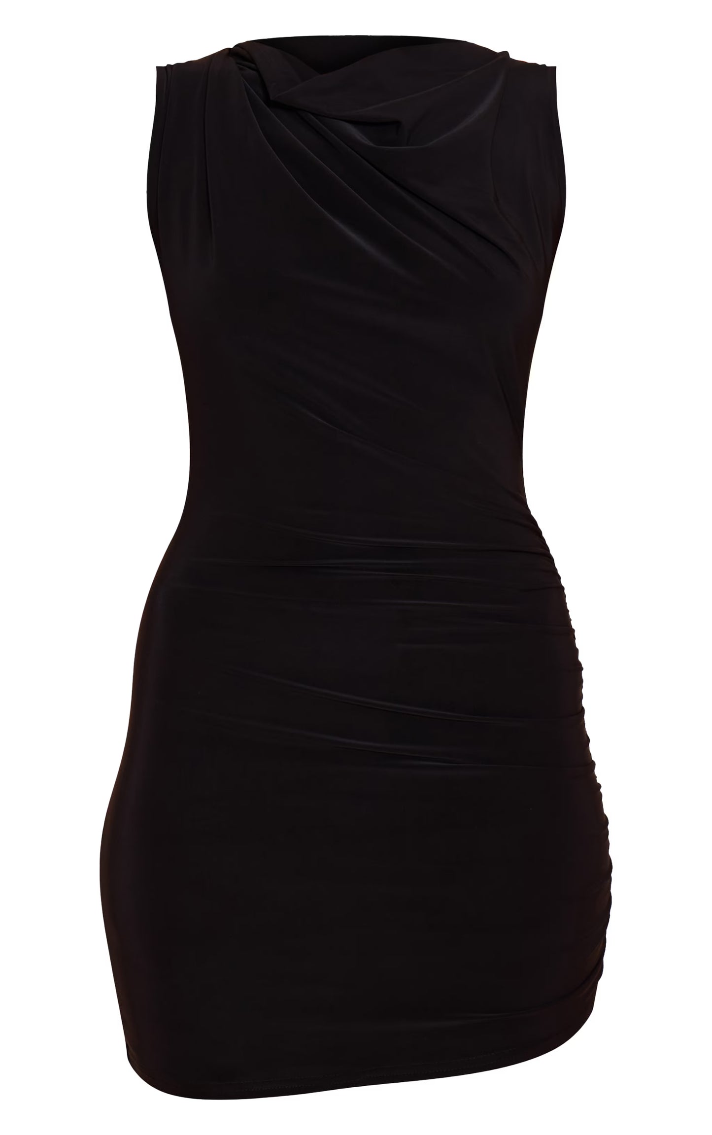 Black Slinky Ruched Shoulder Racer Neck Bodycon Dress