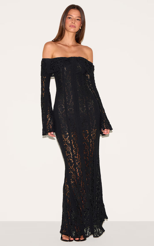 Black Lace Fold Over Bandeau Maxi Dress