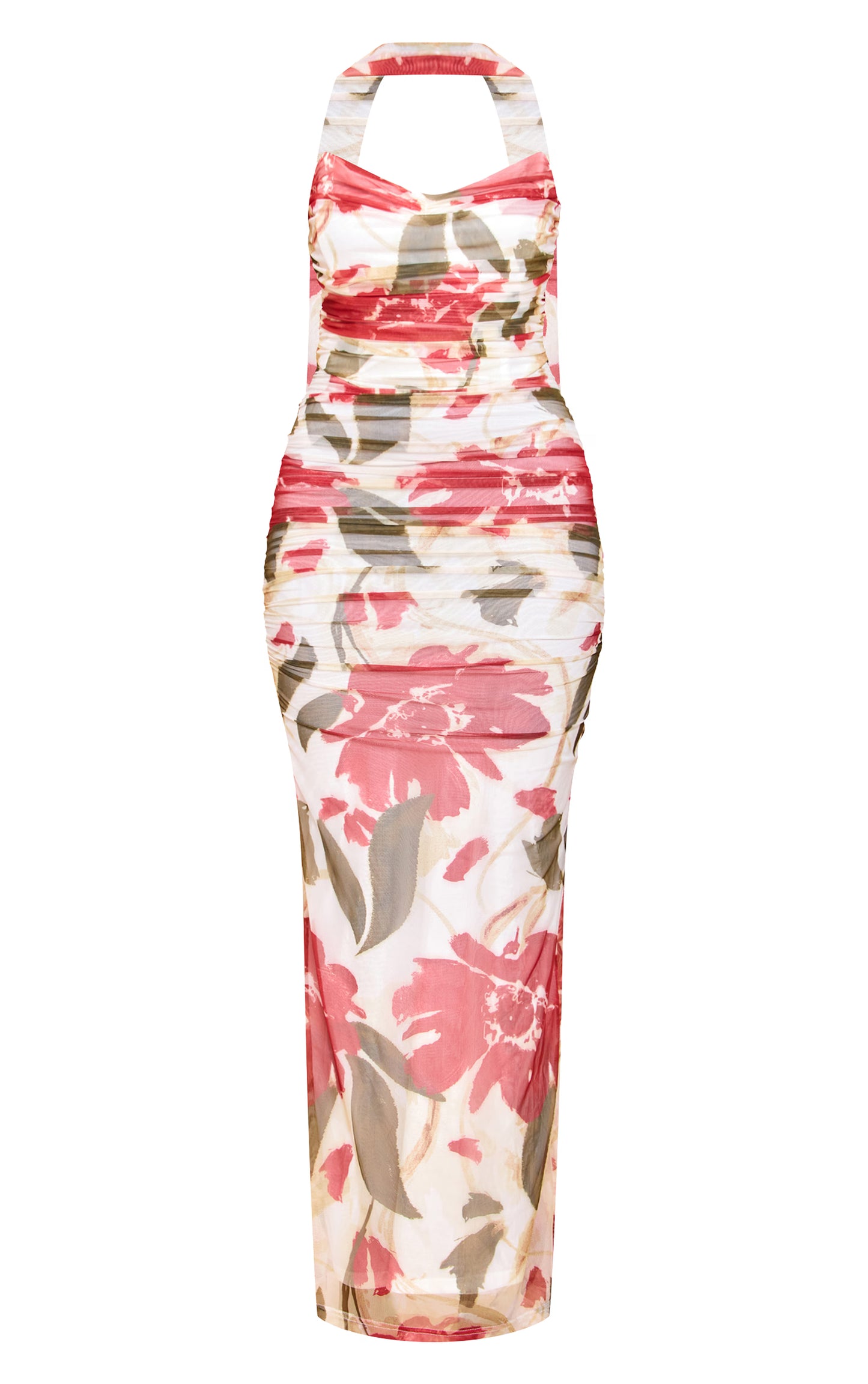 Red Floral Printed Scarf Detail Ruched Maxi Dress