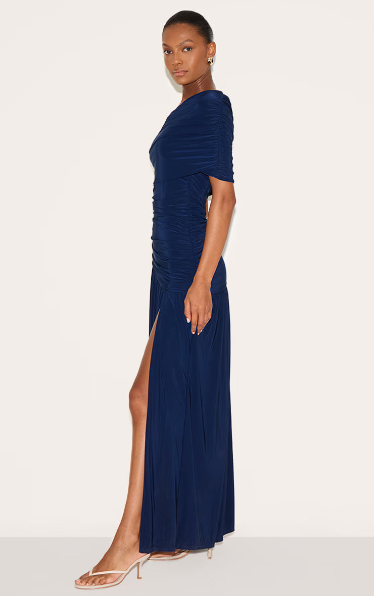Navy Double Layer Slinky Bardot One Shoulder Ruched Maxi Dress
