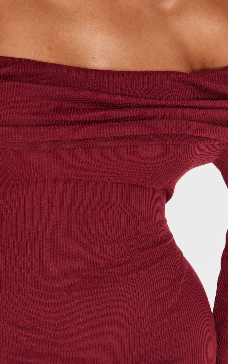 Shape Burgundy Rib Bardot Long Sleeve Maxi Dress