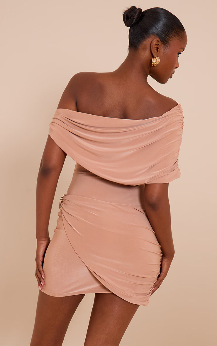 Beige Double Layer Slinky Off The Shoulder Trim Mini Dress