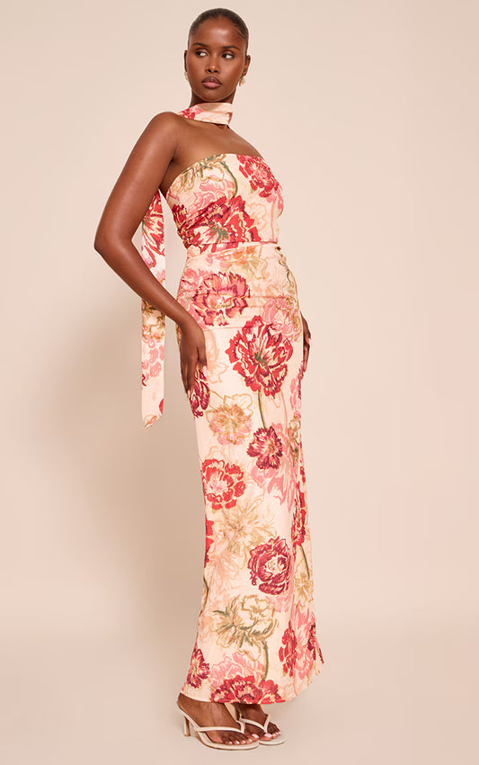 Multi Floral Print Bandeau Scarf Detail Chiffon Maxi Dress