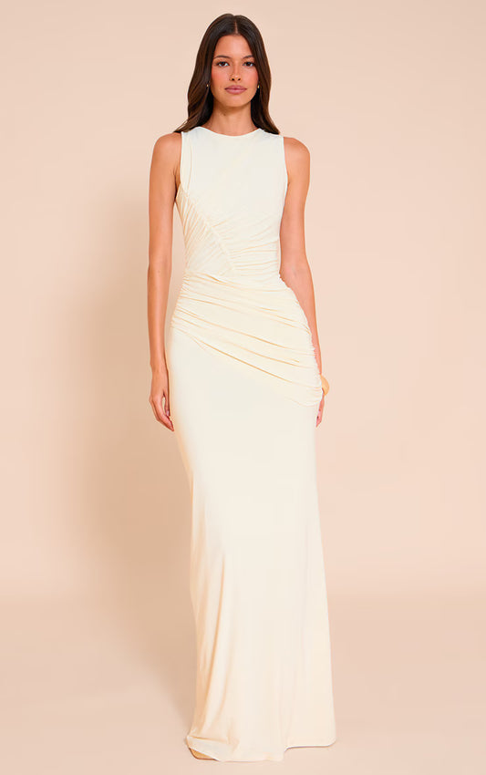 Almond Double Layer Soft Touch Extreme Ruched Maxi Dress