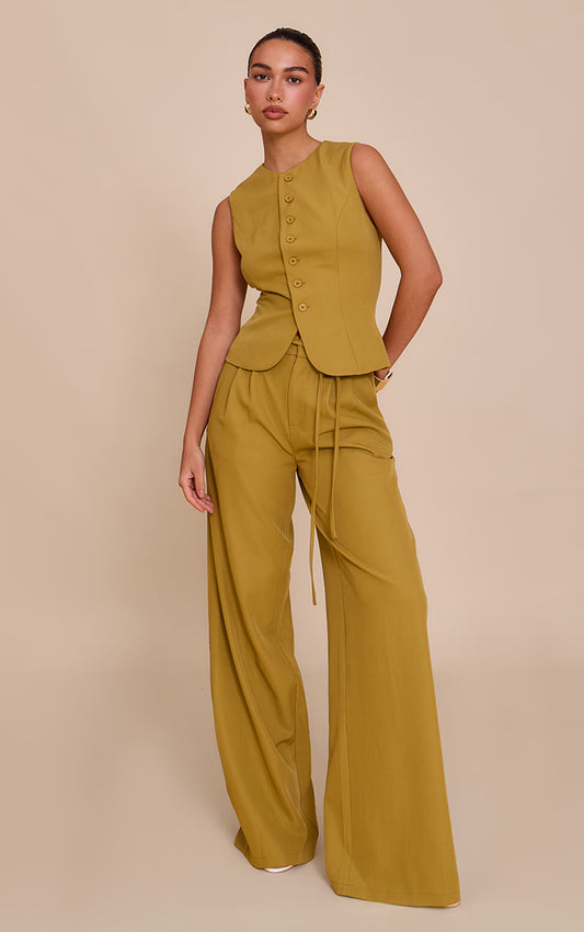 Deep Mustard Tailored Tie Detail Woven Wide Leg Pants