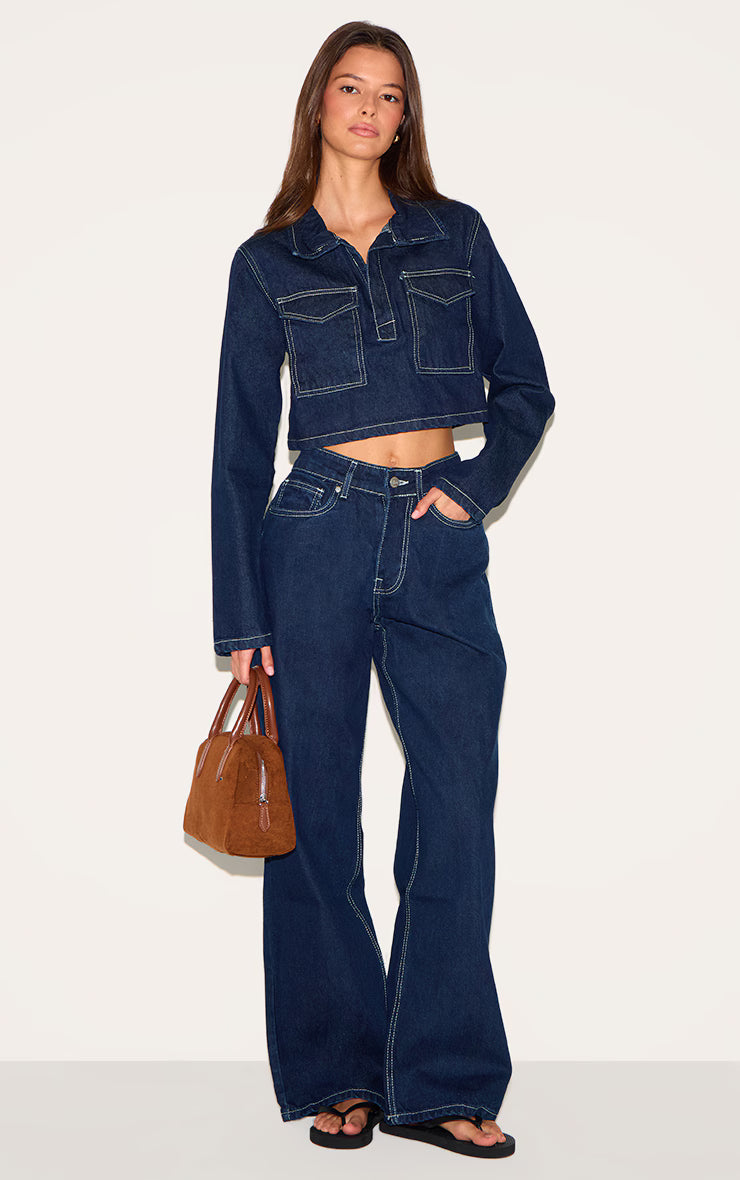 Indigo Contrast Stitch Seam Detail Cropped Denim Shirt
