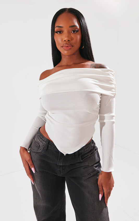 Shape White Rib Bardot Ruched Side Longline Top