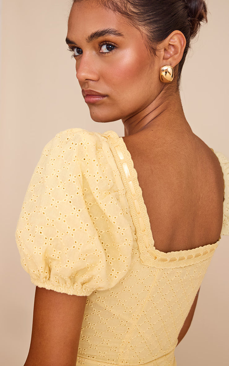 Yellow Broderie Puff Sleeve A-line Mini Dress