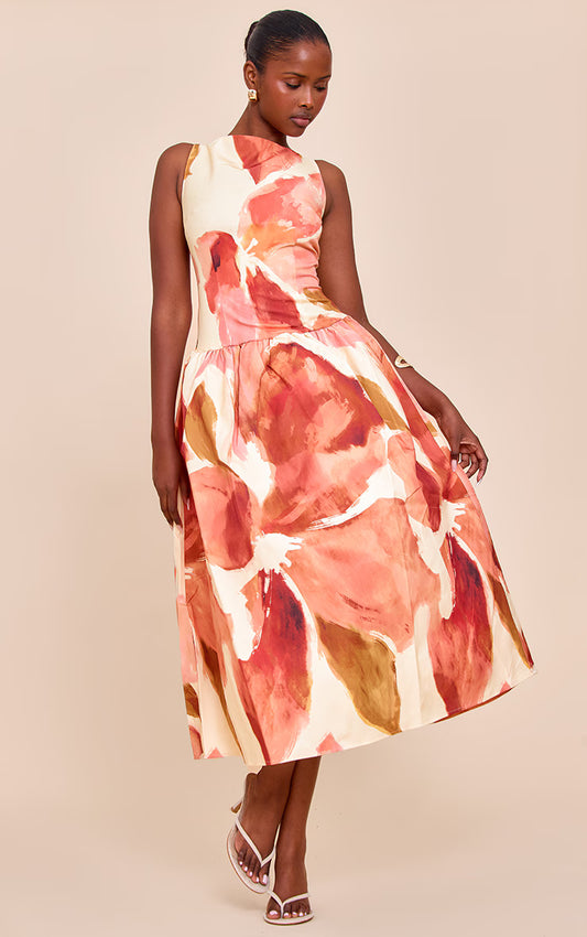 Pink Floral Print Dropped Waist Midaxi Dress