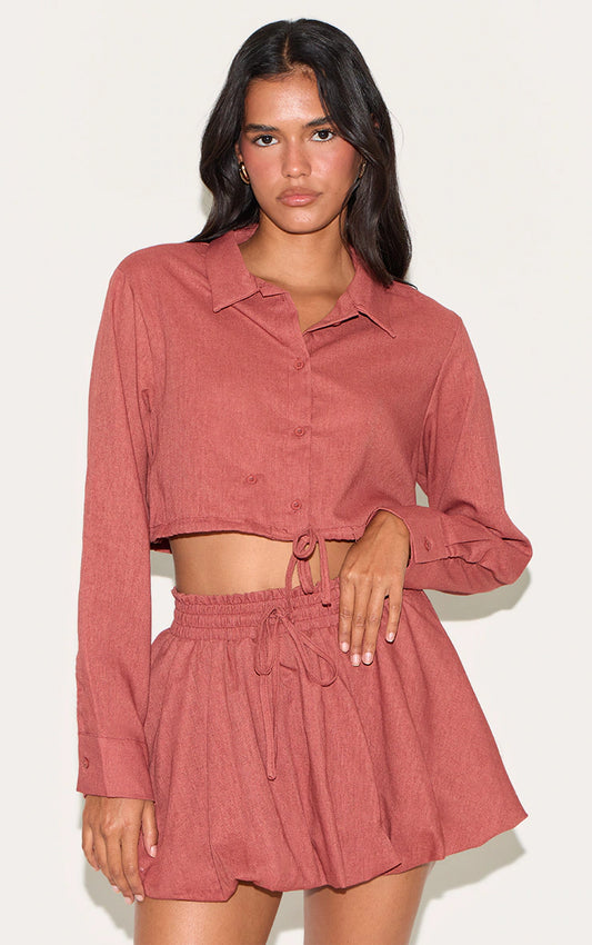 Rust Linen Look Drawstring Cropped Shirt