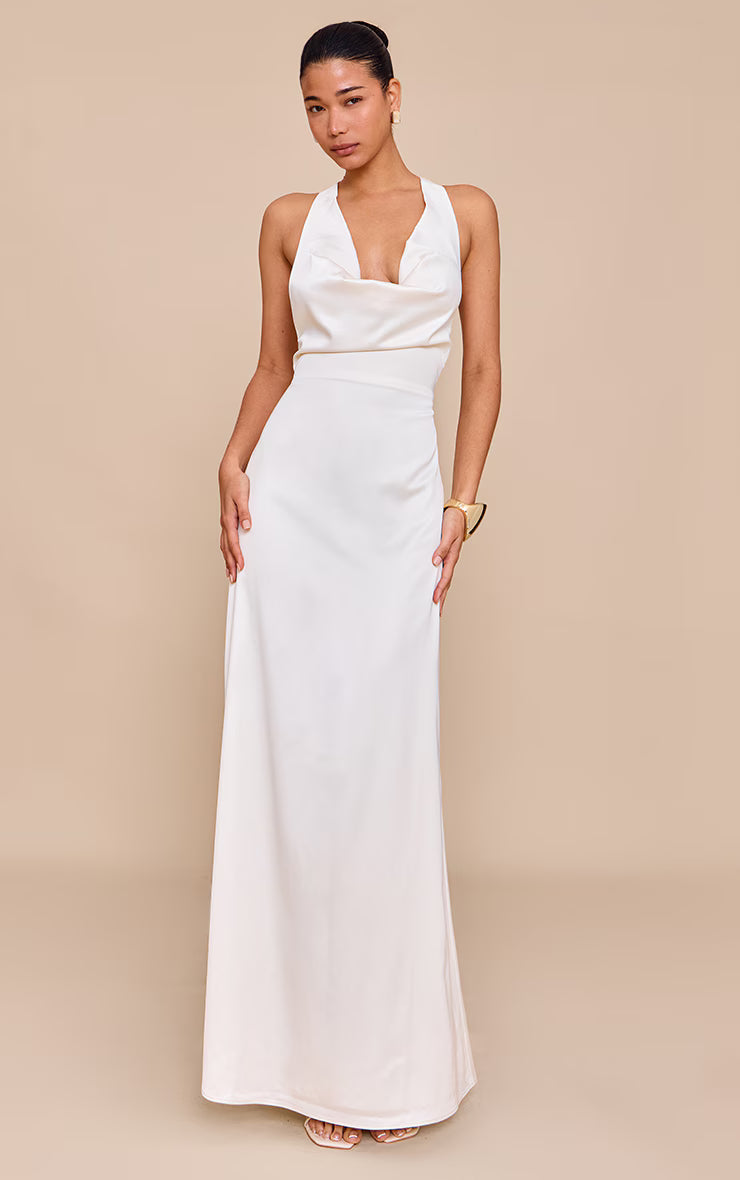 Cream Satin Cowl Neck Cross Back Maxi Dress