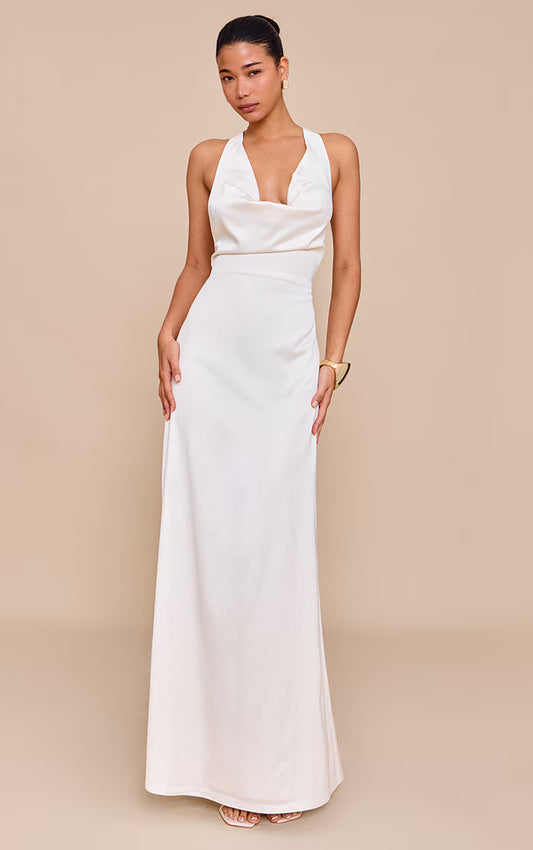 Cream Satin Cowl Neck Cross Back Maxi Dress