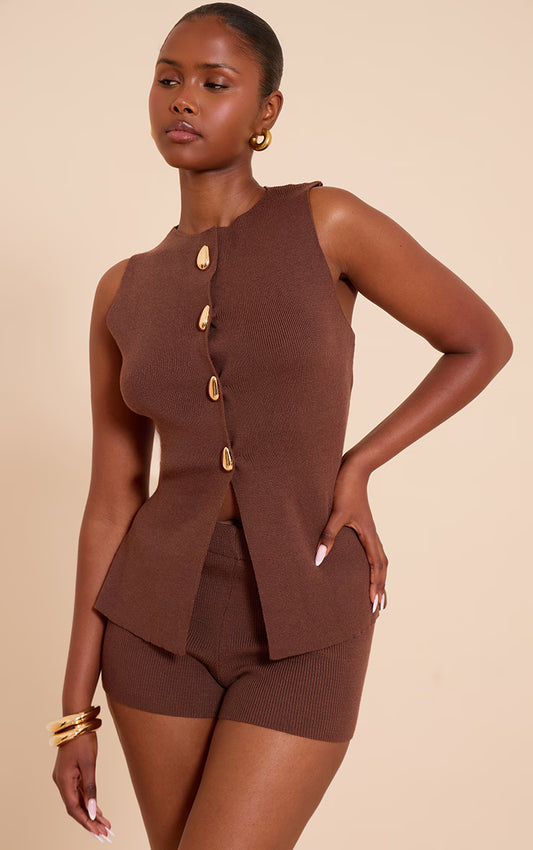 Chocolate Compact Knit Button Up Vest