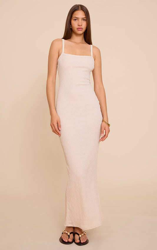 Cream Textured Scoop Neck Sleeveless Maxi Dress