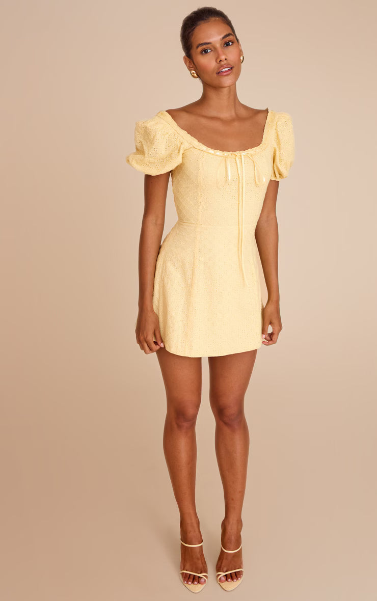 Yellow Broderie Puff Sleeve A-line Mini Dress
